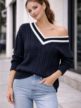 Ardene Navy Off-Shoulder Cable Knit Sweater with White Trim
